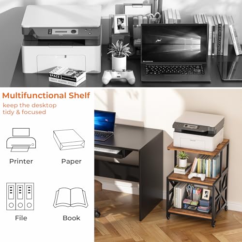 GreenForest Printer Stand with Lockable Wheels, Heavy Duty Printer Table with 3-Tier Storage Shelf for Home Office, Mobile Printer Cart for Small Spaces, 19.7"x17.7", Walnut