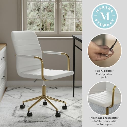 Martha Stewart Taytum Swivel Task Chair with Armrests for Home Office in White Faux Leather with Polished Brass Frame