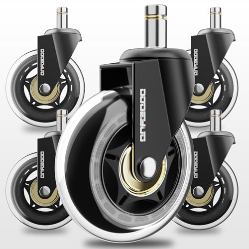3-Inch Office Chair Caster Wheels for IKEA Chairs, 660 LBS（300kg Capacity, Heavy Duty Nylon Stem 3/8"-7/8", Transparent Rubber Wheels, Quiet & Smooth Rollers, Suitable for Hardwood Floors, Set of 5