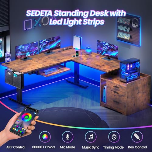 SEDETA L Shaped Electric Standing Desk with File Cabinet, 63 x 53'' Height Adjustable Home Office Computer Desk with 3 Drawers, Power Outlet, Stand up Gaming Table with Led Lights, Rustic Brown