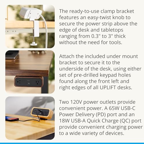 UPLIFT DESK DuoMount Desk Clamp Power Strip – USB-C & USB-A Charging Desk Power Strips with 10ft Cord, Edge Mount Hub for Home Office and Gaming Accessories (White, Beech Wood)
