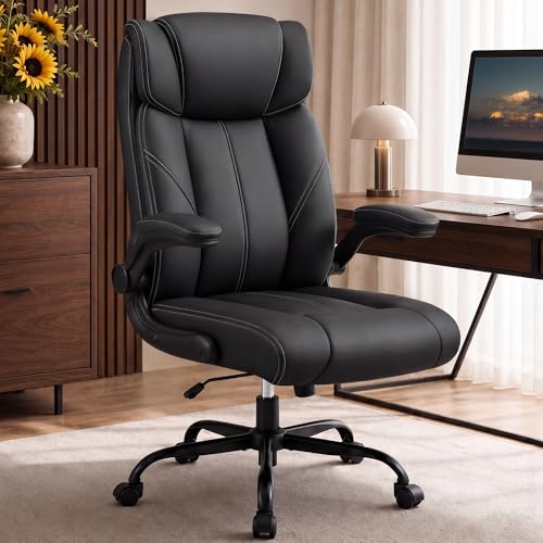 OwgeinSet Office Chair, Leather Ergonomic Computer Desk Chair with Rocking Function, High Back Executive Home Office Chair with Adjustable Flip-up Armrests, Lumbar Support, 360° Swivel, Black