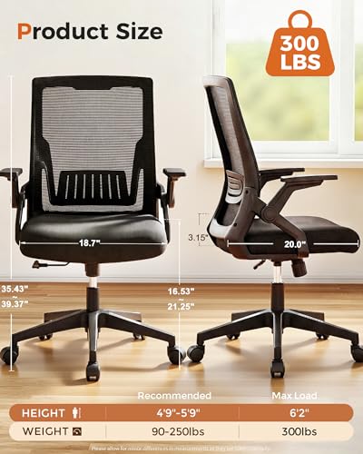 GTPLAYER Ergonomic Office Chair with Flip-up Armrests Executive Computer Chair for Home Office, Breathable Mesh & Comfy Lumbar Support, Black
