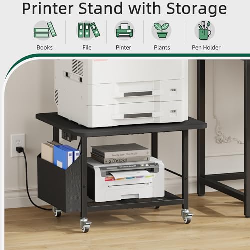 YAOHUOO 23.6"×23.6" Large Printer Stand with Power Outlet, Printer Table with Storage Side Pocket, Heavy Duty Rolling Cart for Home Office 3D Printer/Laser/Heat Press Table, Black