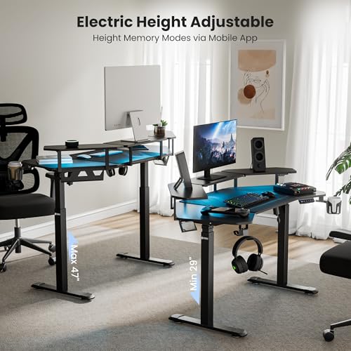 EUREKA ERGONOMIC Aero 55 Inch W Shaped Electric Standing Desk, Height Adjustable Computer Gaming Desk with LED Monitor Shelf, Mouse Pad, Headphone Hook, Cup Holder, Carbon Black