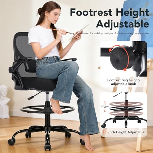 shipborne Drafting Chair, Tall Office Chair with Adjustable Footrest Ring, Standing Desk Chair with Flip-Up Armrests, Breathable Mesh High Desk Chair for Counter Height Desk, Black