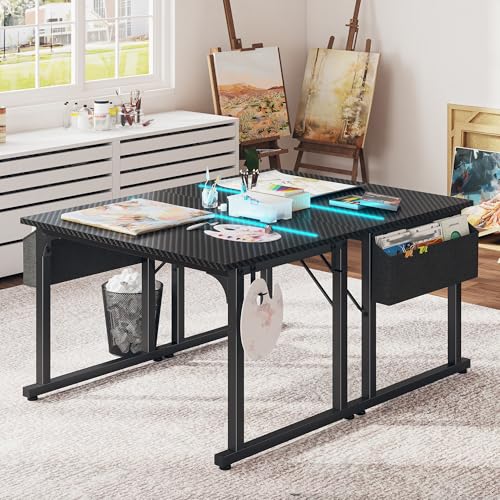 DurayLoly 32" Gaming Desk with Waterproof LED Lights, Carbon Fiber Desktop for Small Spaces | Home Office Study Computer Desk with Storage Bag & Headphone Hook, Black