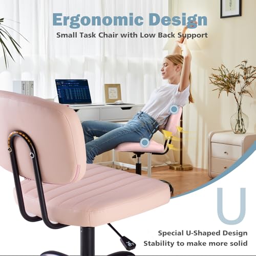 DUMOS Armless Home Office Executive Chair - Small Desk Chair with Low Back Lumbar Support, Height Adjustable PU Leather Computer Task Chair with 360° Swivel Wheels, for Adults, Pink