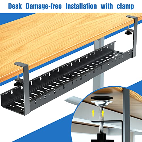 No Drilling Extendable Under Desk Cable Management, Metal Cable Management Tray Under Desk with Clamp, Retractable Power Strip Cord Holder for Wire Management 31Inch(1 Pack Black Extendable 31')