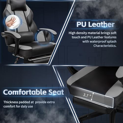 DL-win Gaming Chairs for Adults, Computer Chair with Footrest and High Back, Big and Tall Gamer Chair's with Massage Lumbar Support, 360° Swivel Height Adjustable Gaming Chair, Grey
