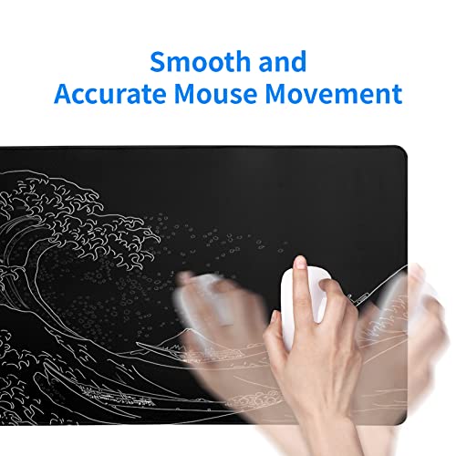 Brecoy Japanese Sea Wave Large Mouse Pad, Anime Black Gaming, Extended Kanagawa Mat Desk Pad, 3mm Thick Long Non-Slip Rubber Base Mice Pad, 31.5 X 11.8 Inch