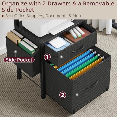HIGDBFE File Cabinet with 2-Tier Shelf, Letter Size Drawer Filing Cabinet with Reversible Side Bag, Vertical Office Cabinet Printer Stand with Storage for Home Office, Black, 16.5" W