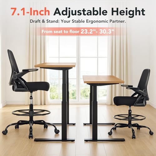 shipborne Drafting Chair, Tall Office Chair with Adjustable Footrest Ring, Standing Desk Chair with Flip-Up Armrests, Breathable Mesh High Desk Chair for Counter Height Desk, Black