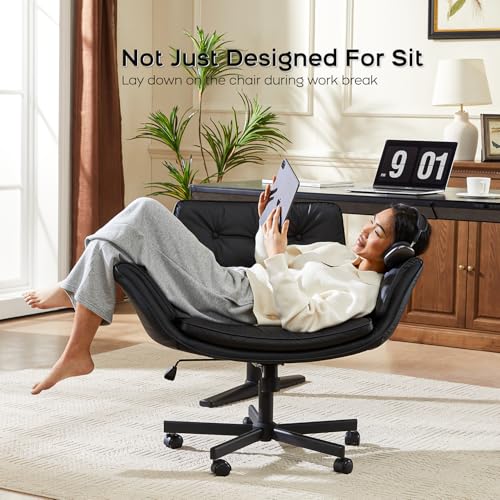 amseatec Criss Cross Office Chair, PU Leather Vanity Chair with 5-Level Adjustable Armrests & Swivel, Ergonomic Criss Cross Chair for Home Office Bedroom Makeup（Black）