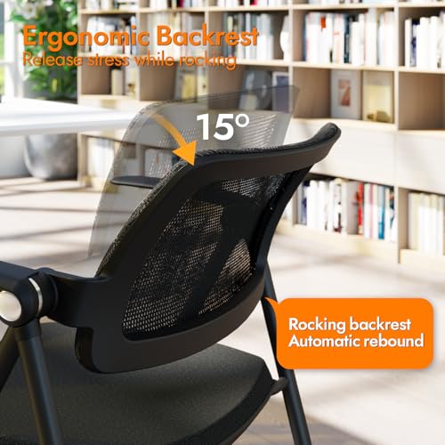 FYLICA Stackable & Foldable Office Chair Set of 2, Folding Desk Chair with Flip-Up Armrest, Breathable Mesh, Thick Seat Cushion & Rocking Backrest, Conference Room Chair with Wheel (Black)