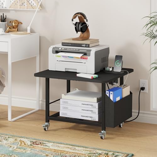 YAOHUOO 23.6"×23.6" Large Printer Stand with Power Outlet, Printer Table with Storage Side Pocket, Heavy Duty Rolling Cart for Home Office 3D Printer/Laser/Heat Press Table, Black