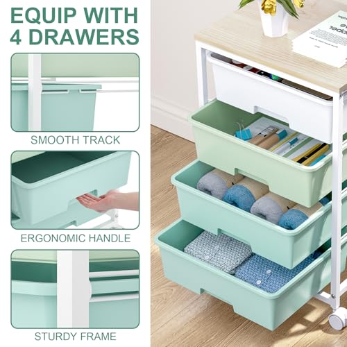 SYKIARIOL Utility Cart with 4 Drawers,Rolling Storage Cart with Drawers,Storage Rolling Drawer Cart with Wooden Tabletop for Bedroom,Kid's Room,Dorm,Classroom,Office,Green