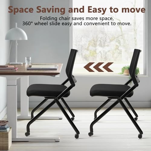CLATINA Stackable & Foldable Chairs with Wheels, Reception Guest Chairs with Lumbar Support, Ergonomic Mesh Back Folding Chair for Office Schools Training Conference Waiting Room, Black, 8PACK