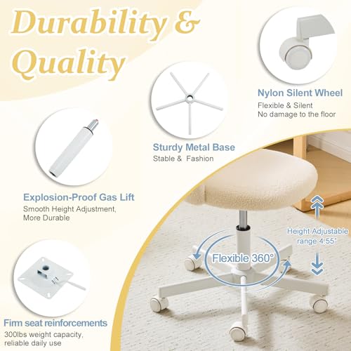 VINGLI Candy Chair Armless Cute Desk Chair,Comfy Small Office Chair with Wheels,Vanity Chair Lumbar Support,Teddy Adjustable Rolling Swivel Computer Task Chair for Home Office,Bedroom,Creamy Beige