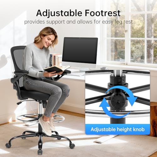 Heromate Drafting Chair Ergonomic Comuputer Standing Desk Chair with Flip-Up Arms and Lumbar Support, Tall Office Chair with Adjustable Footrest, Stool Counter Height Office Chairs Black