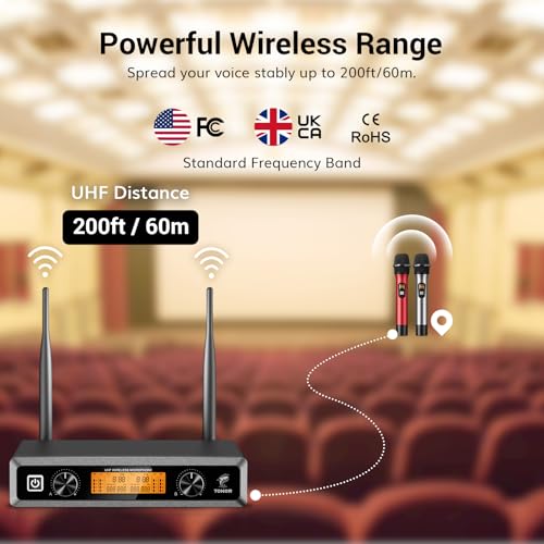 TONOR Wireless Microphones System, 2 * 15 Channel Metal Professional UHF Cordless Dynamic Handheld Mics with Receiver for Home Karaoke, Meeting, Party, Church, Wedding, KTV, 60 m/200ft, TW-820 Silver