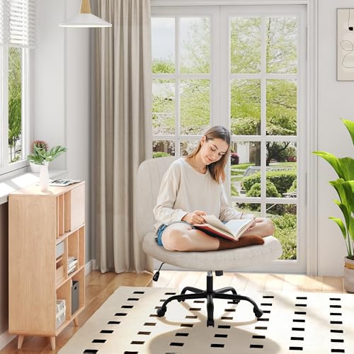 Shintenchi Criss Cross Chair,Cross Legged Office Seat with Wheels Armless Swivel Vanity Chair,Height Adjustable Wide Computer Task Seating for Home Office,Beige