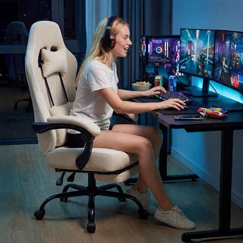 Sweetcrispy Computer Gaming Chair - High Back Ergonomic Desk Chair with Footrest and Lumbar Support, Height Adjustable Task Chair with Linkage Armrests and Headrest, 360°Wheels, Fabric, Khaki