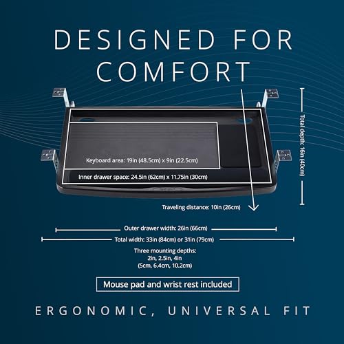 Kensington Keyboard Tray Under Desk, SmartFit Ergonomic Slide-Out Keyboard Drawer with Cable Management, Extra-Wide Height Adjustable Keyboard Holder, 24.5" x 11.75", Black K60004US