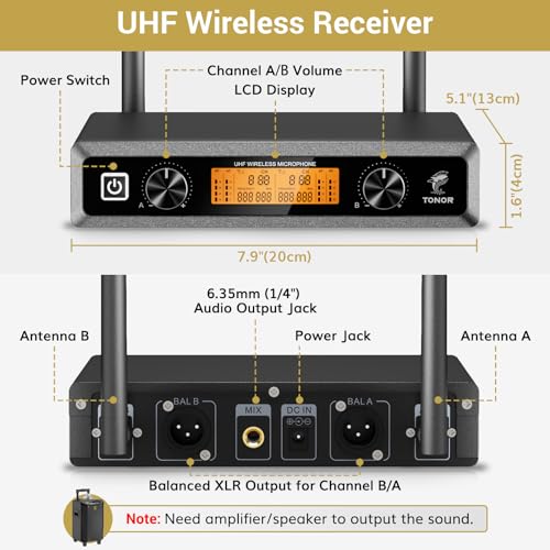 TONOR Wireless Microphones System, 2 * 15 Channel Metal Professional UHF Cordless Dynamic Handheld Mics with Receiver for Home Karaoke, Meeting, Party, Church, Wedding, KTV, 60 m/200ft, TW-820 Silver