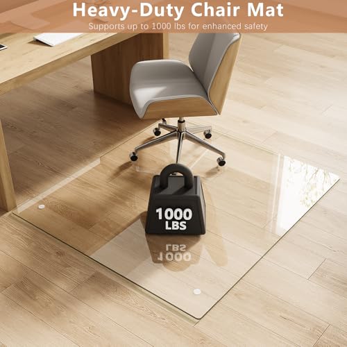 Tempered Glass Chair Mat for Carpet & Hard Floor, 42"x48" Office Chair Mat - Heavy Duty & Scratch Resistant, Non-Slip Pads, Rounded Corners & Polished Edges