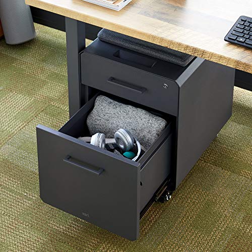 Vari Storage Seat - 2 Drawer Mobile Filing Cabinet for Under Desk Storage - Removable Seat Top - for Home or Office - Lockable Drawers with Heavy-Duty Steel and Roll & Lock Casters - Charcoal Grey