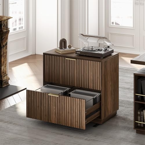 Perledesign 2 Drawer Fluted File Cabinet, 32'' Lateral File Cabinet for Legal/Letter/A4/F4 Size Hanging Files, Wood File Storage for Home Office, Black Walnut