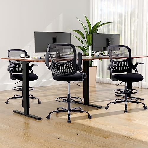 DUMOS Drafting Chair for Standing Desk, Counter Height Adjustable, Flip-up Arms, Ergonomic Mid Back Mesh Rolling Work 360° Swivel Office Computer Chairs with Wheels, for Bedroom Livingroom, Ink