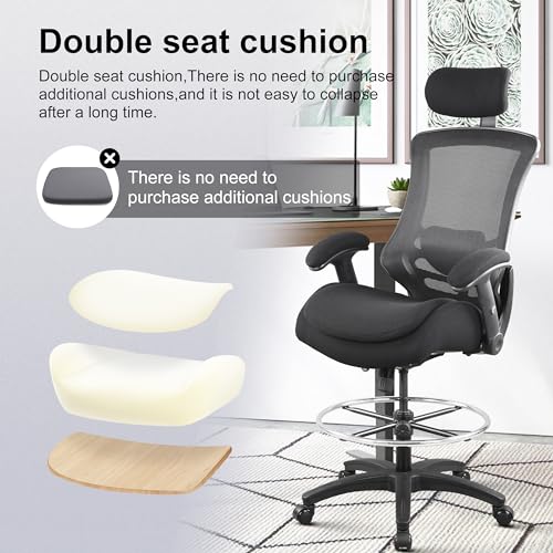BOLISS 400lbs Ergonomic Drafting Chair,Tall Office Mesh Chair, Standing Desk Chair,Height Adjustable Armrest and Flip up Arms, Adjustable Lumbar Cushion (Black Frame Black Mesh)