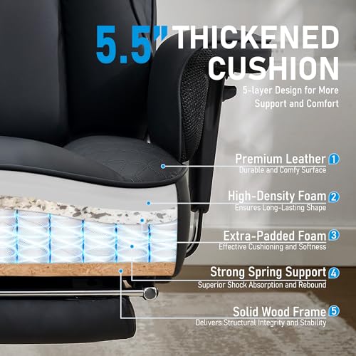 OwgeinSet Big and Tall Office Chair, Ergonomic Leather Reclining Chair with Footrest, High-Back Comfy Executive Computer Desk Chairs with Lumbar Support, Wide Seat, 400LBS (Black)