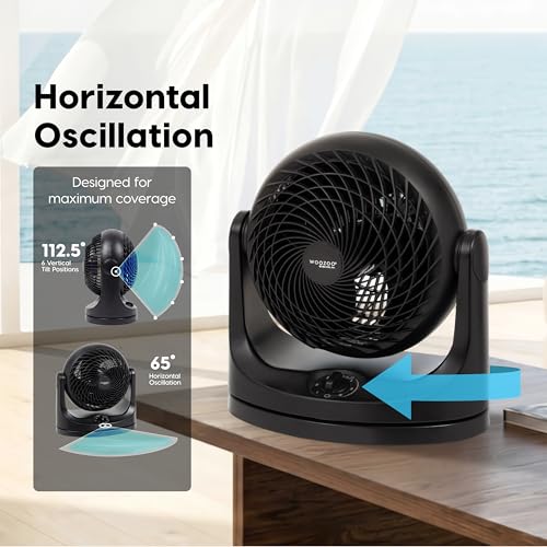IRIS USA WOOZOO Desk Fan, Oscillating Air Circulator, 3 Speeds, 36ft Max Air Distance, 244ft² Coverage, 112° Adjustable Vertical Tilt, 29db Quiet Motor, Small Fan for Bedroom, Office, Dorm, Black