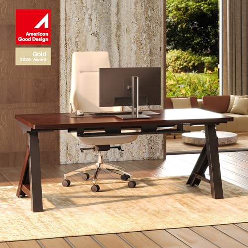 FLEXISPOT WoodiX 63 x 30 Inch Solid Wood Standing Desk, Premium Mid-Century Modern Executive Desk, Dual Motor Sit-Stand Workstation with Cable Management, 220 LBS, Walnut