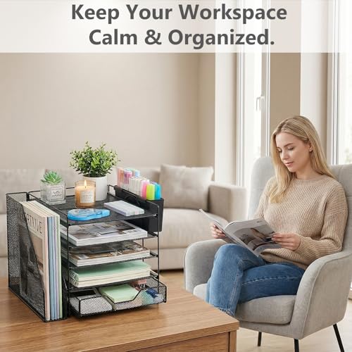 Gugsey Desk Organizers and Accessories, 5-Tier Paper Letter Tray Organizer with File Holder, Drawer & Pen Holder, Office Desk Accessories, Desktop Organizer for Classroom Office Supplies, Black