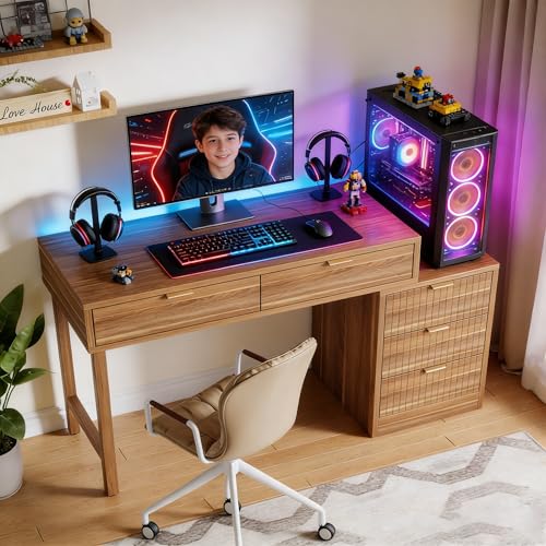 Tribesigns Computer Desk with 5 Drawers, Reversible Small Writing Desk with Storage, Modern Wooden Study Corner Table Workstation for Home Office, Small Spaces, Walnut Brown