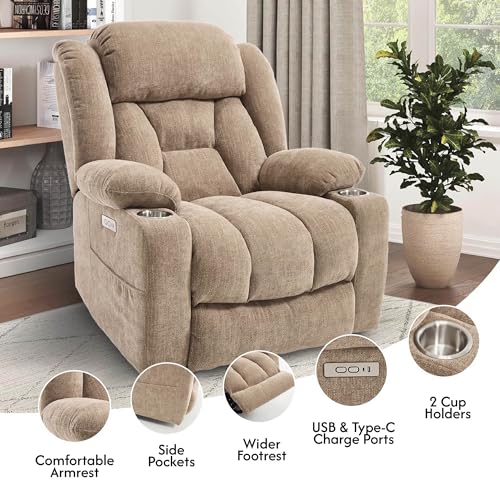 FLEXISPOT Power Lift Recliner Chair with Massage & Heat, Single Motor Lift Chair, Chenille Fabric Upholstery, USB/Type-C, Cup Holders, Side Pockets