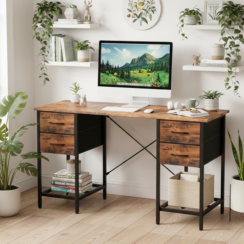 Sweetcrispy Computer Desk with Drawers, 55 Inch Home Office Bedroom Table with 4 Fabric Drawers & 2 Mesh Storage Shelves, Wood Table with X-Shaped Structure for Writing Study PC Desk, Brown