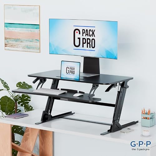 G-PACK PRO 38″ Wide Standing Desk Converter – Sit-to-Stand Workstation for Dual Monitors, Height Adjustable Up to 17.3″ with Large Keyboard Tray – Black