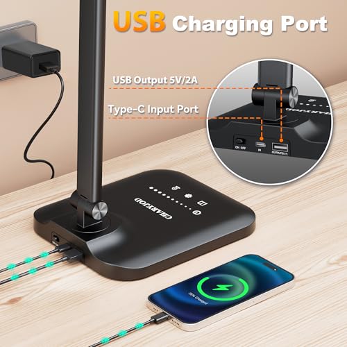 CHARYJOD LED Desk Lamp for Office Home, Height Adjustable Architect Desk Light with USB Adapter, Stepless Dimming Desk Lamp Light for Reading, Study, Workbench