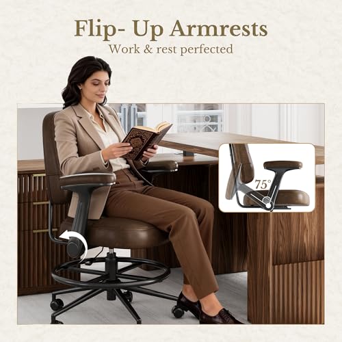 Perledesign Drafting Executive Chair, Tall Office Chair with Padded Flip-Up Armrests, Mid-Back Cushioned Seat, 360° Swivel Rolling Computer Desk Chair for Standing Desk & Home Office, Vintage Brown