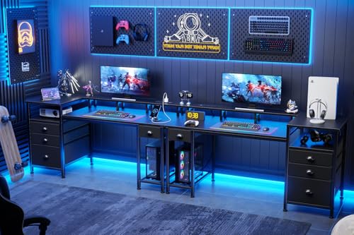 Furologee 60" Black Computer Desk with 4 Drawers and Printer Space, Gaming Desk with LED Lights and USB Power Outlets, Home Office Desk with Fabric File Cabinet,Study Work Table with Shelf for Bedroom