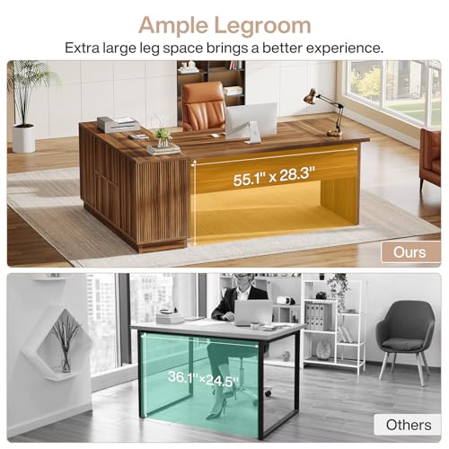 Tribesigns 70.8-Inch Executive Desk, L-Shaped Desk with with File Cabinet, Large Modern Office Desk with Storage Shelves, Fluted Business Furniture Workstation for Home Office, Walnut Brown