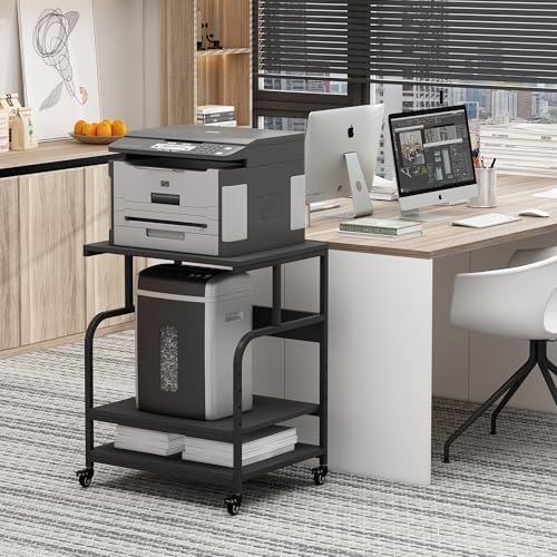 Fannova Printer Stand, 23.6 x18.9 x 30 Inches Large Printer Table with Adjustable Storage Shelf, 3 Tier Rolling Printer Cart with Wheels for Home Office, Stand for Heat Press Mini Fridge, Black