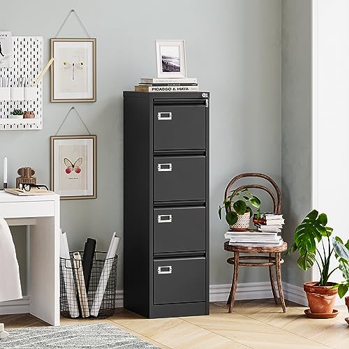 MIIIKO 4 Drawer File Cabinet with Lock, Metal File Cabinets for Home Office,Vertical Filing Cabinets Office Storage Cabinet for Letter,Legal,A4,File Folders(Black)