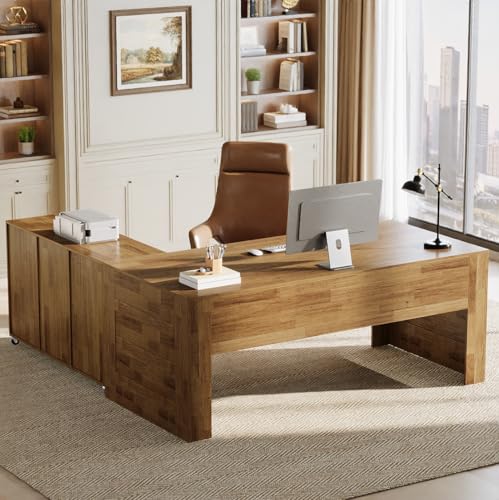 Tribesigns 63" Executive Desk with File Cabinet, L-Shaped Office Desk with Drawers and Storage Shelves, Business Combo Furniture, Computer Desk Set for Home Office, Brown
