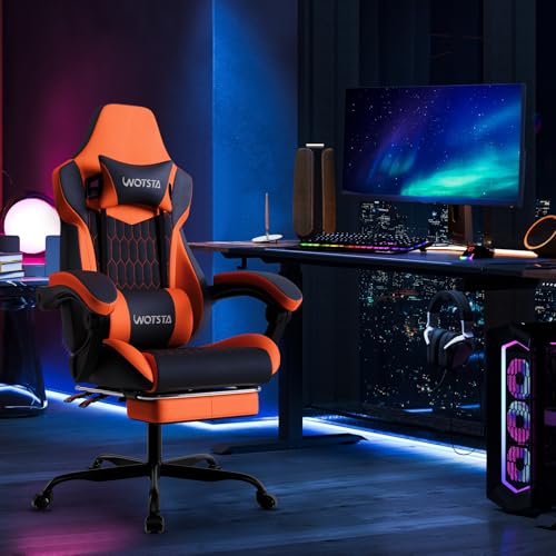 WOTSTA Gaming Chair with Footrest, High Back Gaming Chairs PVC Leather Ergonomic Gamer Chair with Adjustable Headrest Lumbar Support Racing Style Video Gaming Chair for Office/Home (Black Orange)